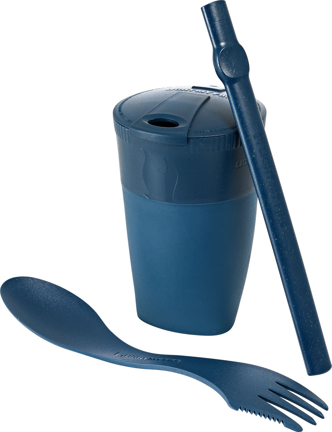 Vaso para beber LightMyFire ReKit con pajita y cubiertos en bioplástico Hazyblue